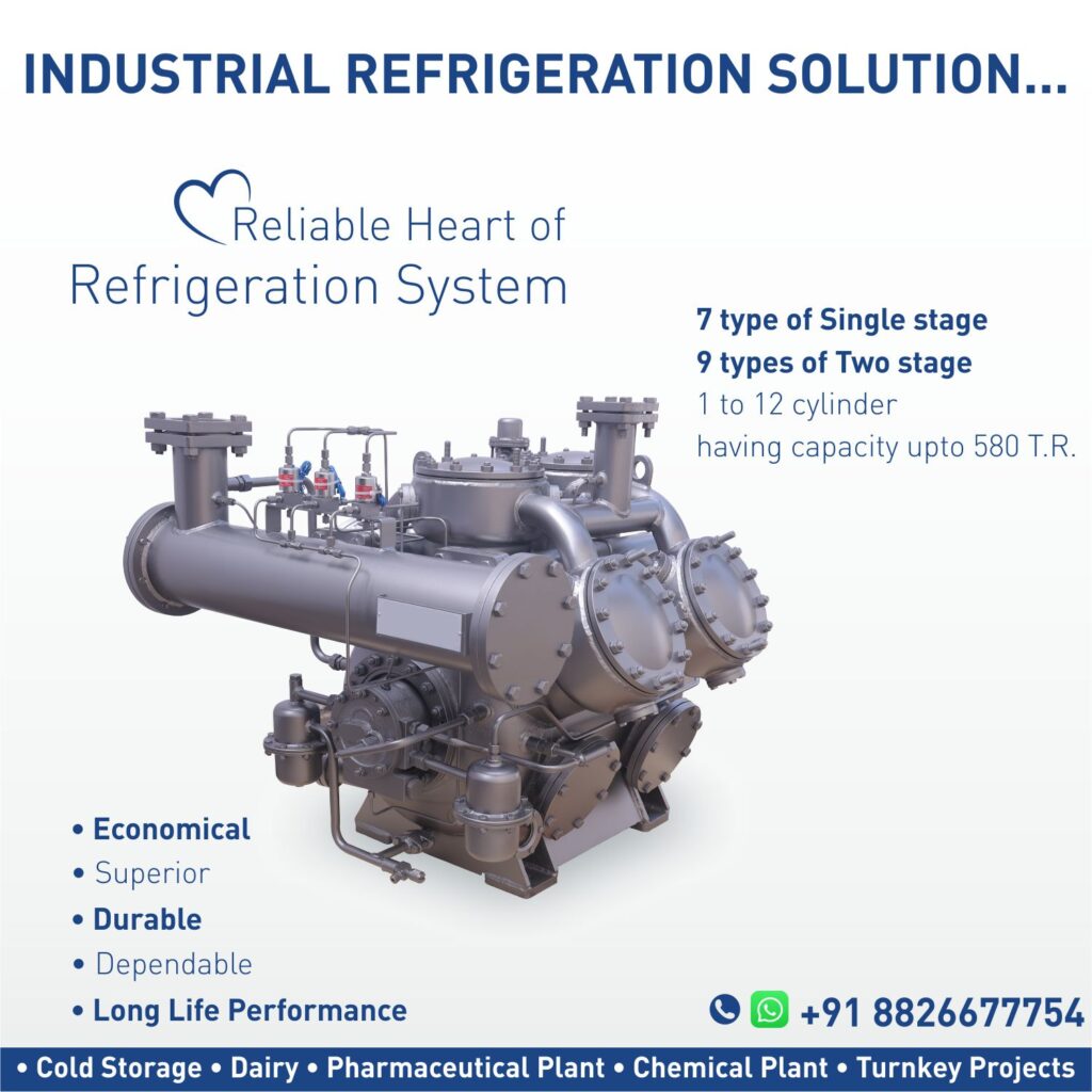 High-performance reciprocating compressors and ammonia compressors by Metro Refrigeration Industries, ideal for ammonia-based systems in milk processing, dairy processing, and milk chiller plants. Designed for cold storage solutions like potato, onion, and frozen vegetable storage, as well as pharma and chemical plants, water chilling, fruit juice, soft drink, breweries, and beverages. Perfect for cement production, meat processing, frozen seafood storage, fish preservation, and fish cold storage applications. Energy-efficient and reliable compressors for industrial refrigeration needs across diverse sectors.