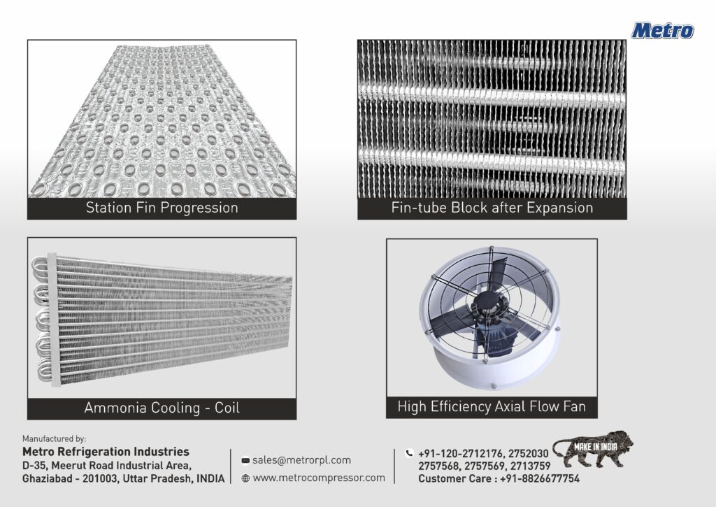 Industrial Cooling Coils for Ammonia Refrigeration. "Industrial cooling coils used in ammonia refrigeration systems by Metro Refrigeration Industries.