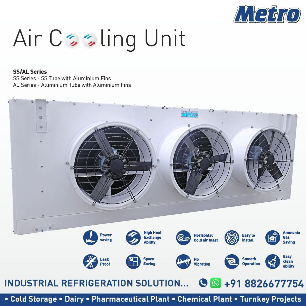 Ammonia Evaporative Cooling Unit for Industrial Use. Ammonia evaporative cooling unit designed by Metro Refrigeration Industries for industrial cooling.