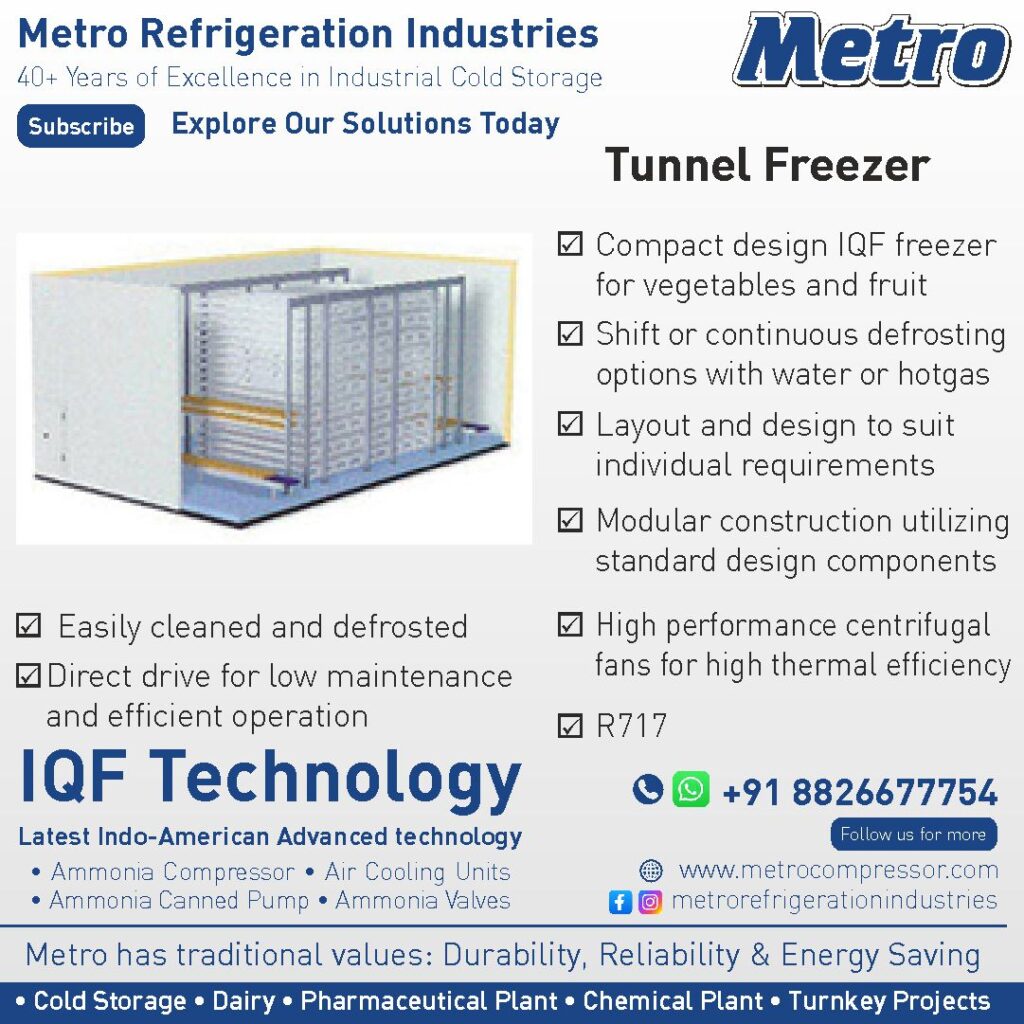 Tunnel freezer with modular construction for freezing and chilling vegetables and fruits using IQF technology.