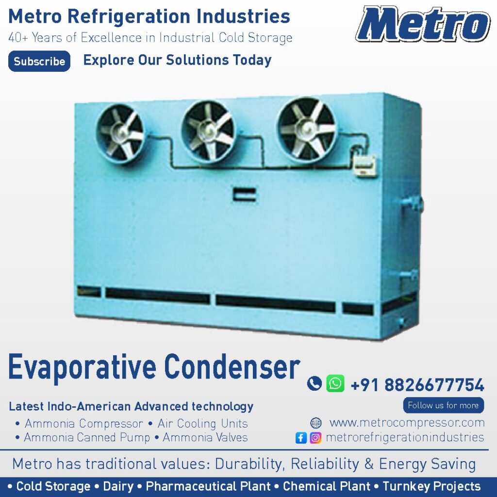 High performance evaporative condenser used in ammonia refrigeration systems for controlled atmosphere cold storage.