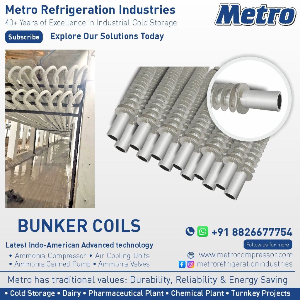 Advanced bunker coils for heat transfer in controlled atmosphere cold storage systems.