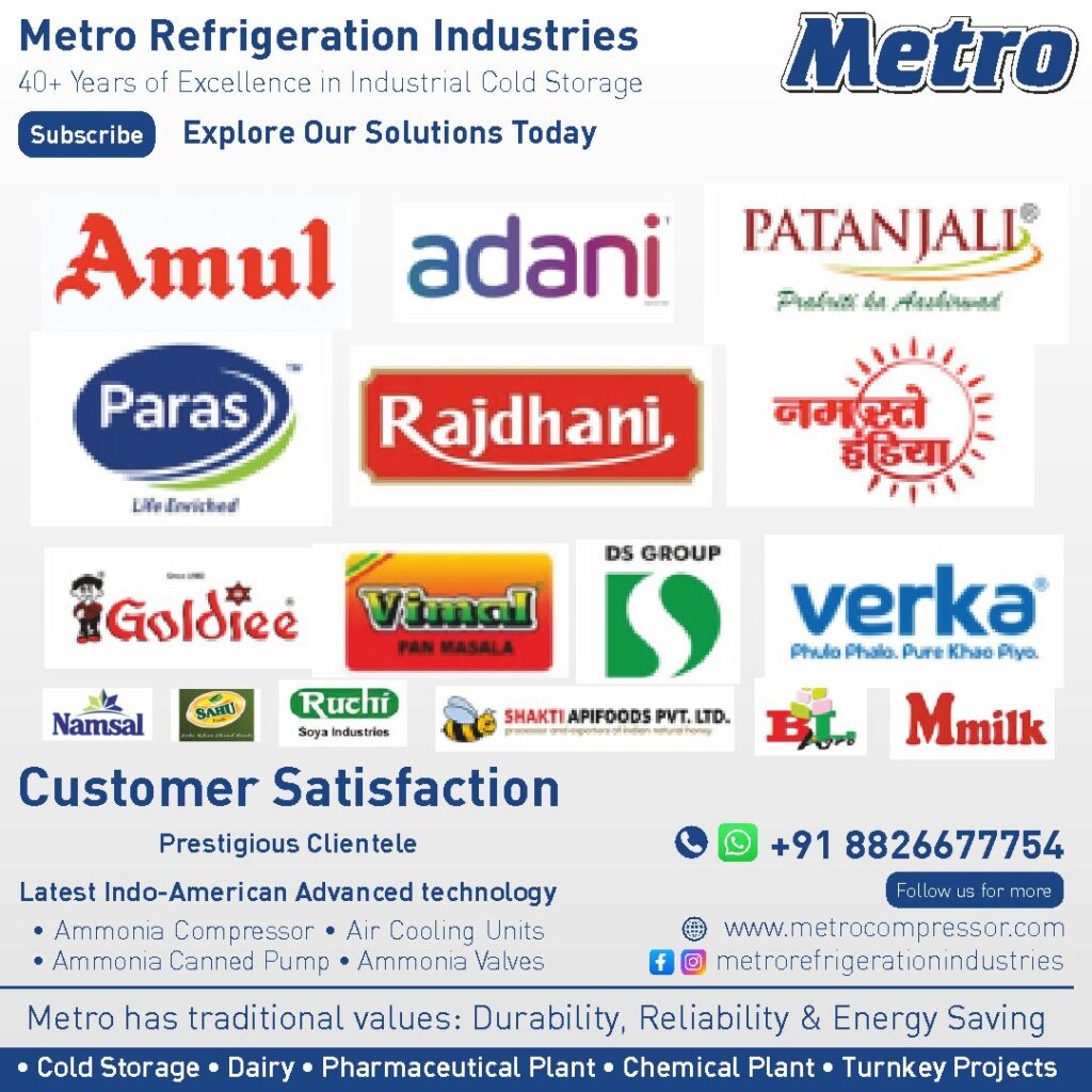 Metro Refrigeration Industries' prestigious clientele including Amul, Adani, Patanjali, and Namaste India.