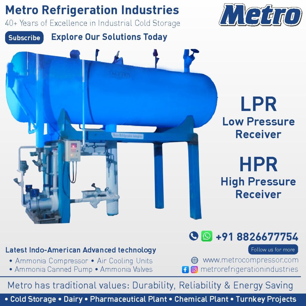 Low pressure (LPR) and high pressure (HPR) receivers used in CA cold storage systems.