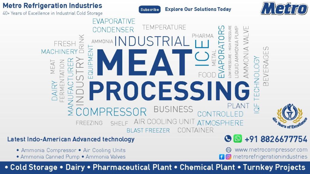 Meat processing plant with advanced machinery for efficient production and storage