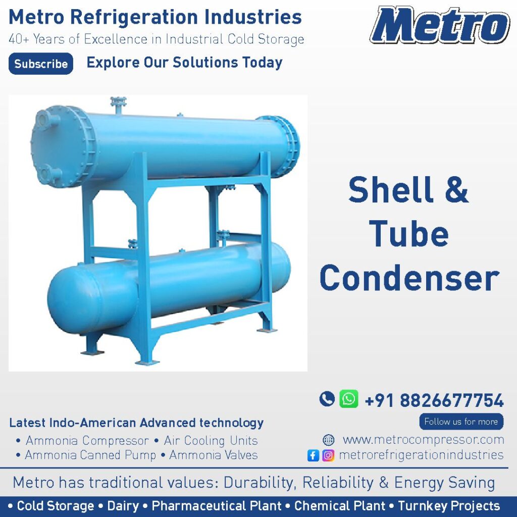 A shell and tube condenser designed for high capacity ammonia refrigeration systems.