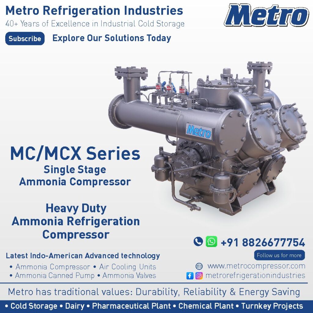 Single stage ammonia compressor for reliable refrigeration in industrial ammonia refrigeration systems.