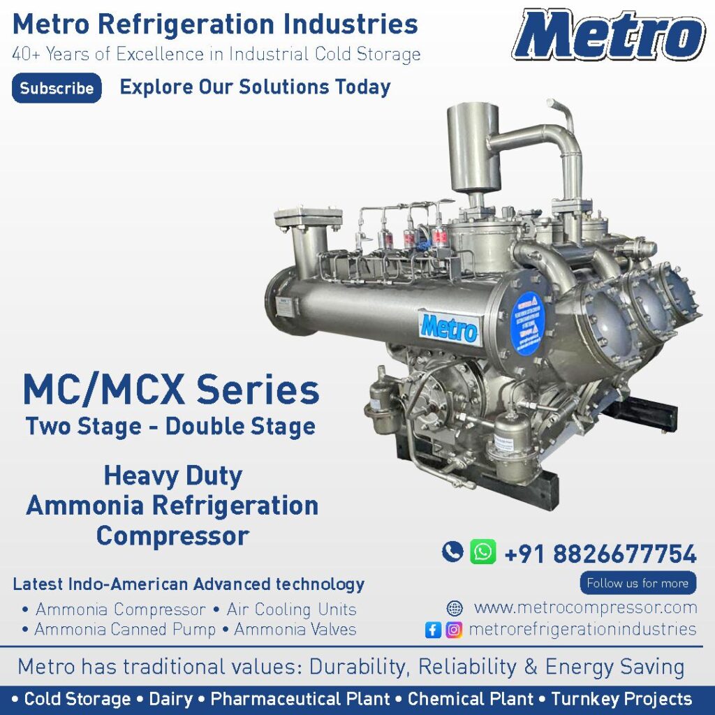 Two stage ammonia compressor for enhanced ammonia cooling efficiency in industrial ammonia applications.