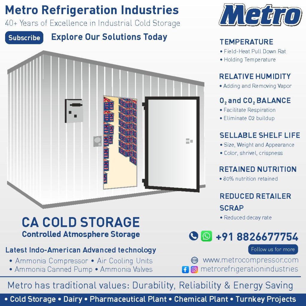 Apples stored in a high-efficiency cold storage system for extended shelf life.