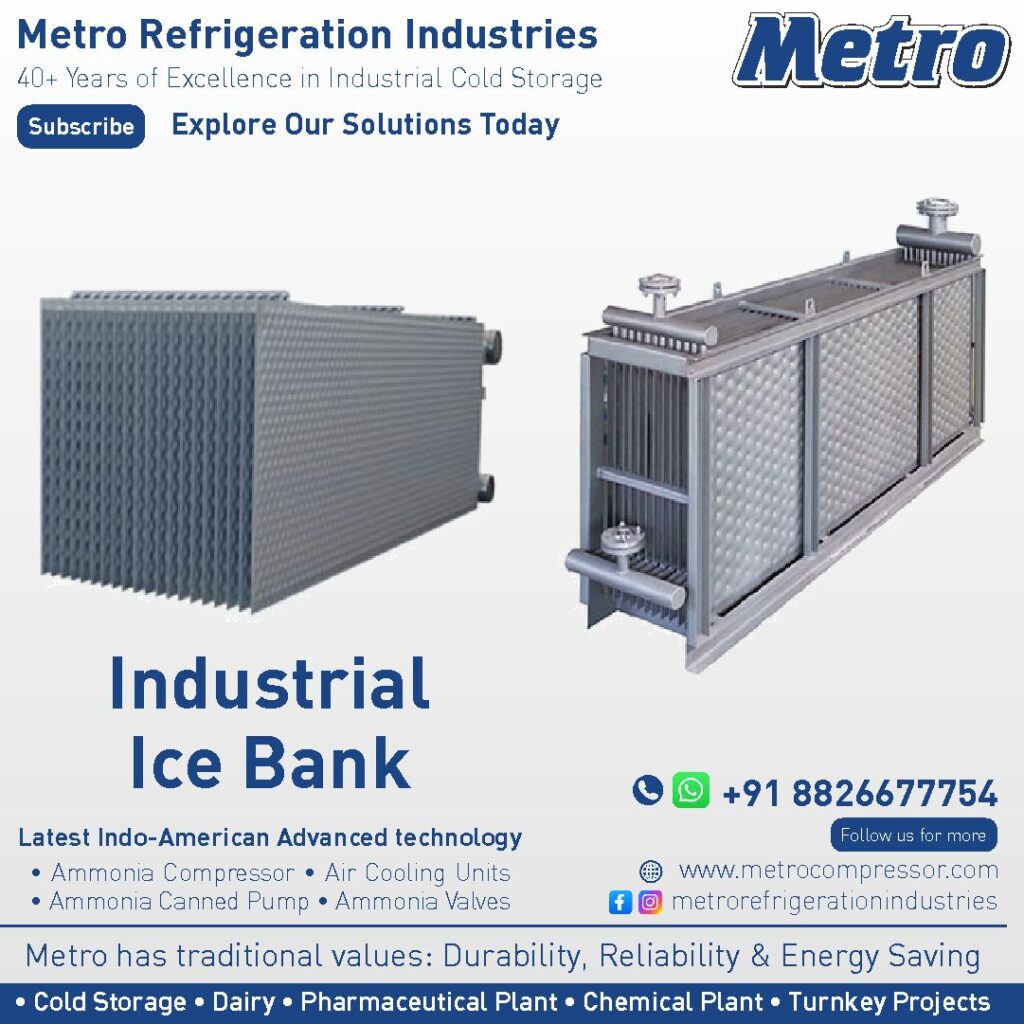 Industrial ice bank tank for efficient cooling and large scale ice storage