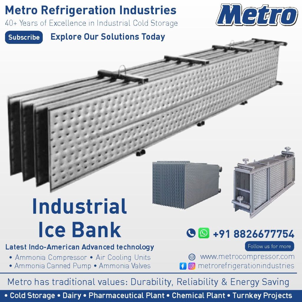 Industrial ice bank used for large scale ammonia refrigeration systems in CA cold storage.