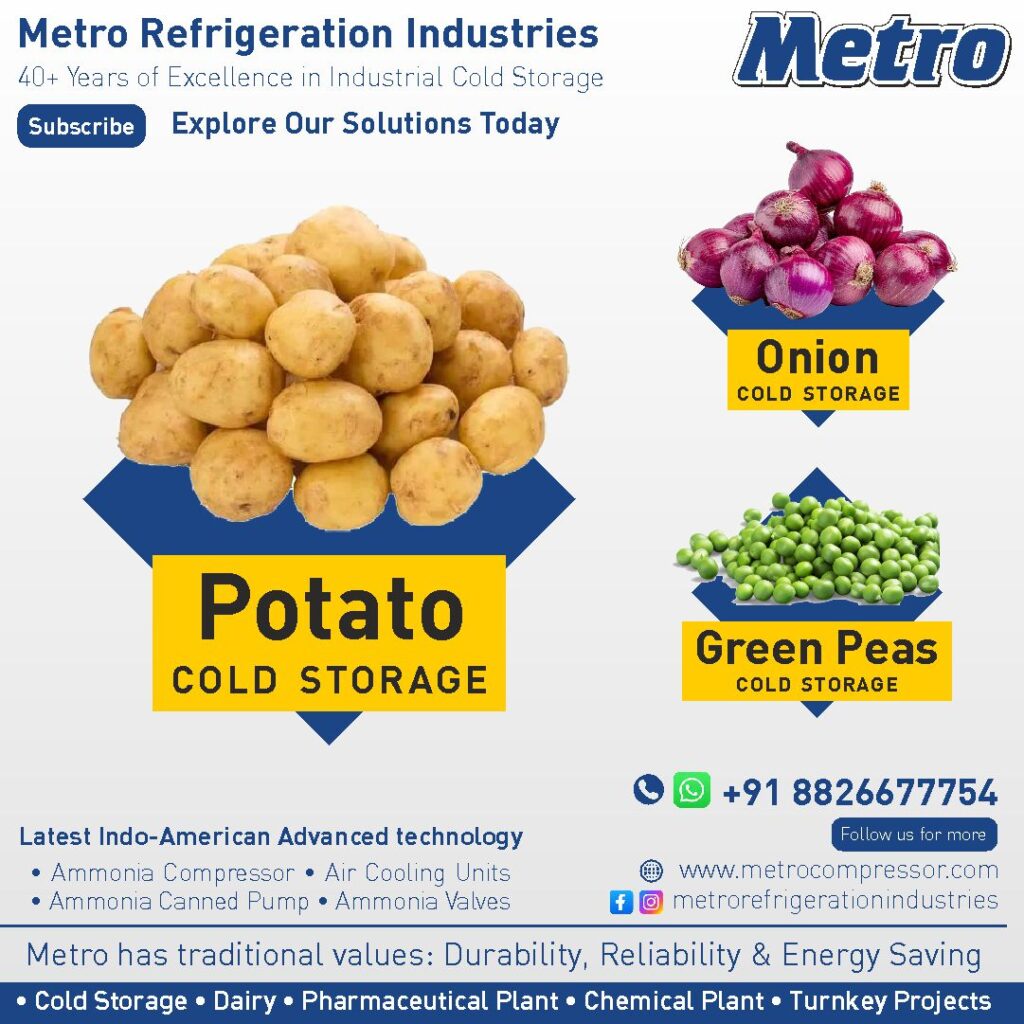 Advanced potato cold storage plant with energy-efficient machinery and precise temperature control.